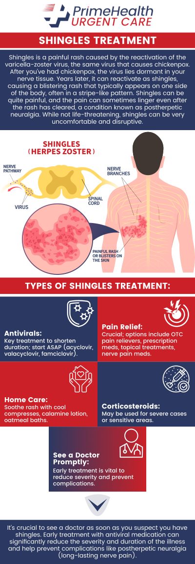 Shingles is a viral infection caused by the reactivation of the varicella-zoster virus, which also causes chickenpox. It typically results in a painful rash with blisters, often appearing on one side of the body. Other symptoms may include fever, fatigue, and itching. If you suspect you are experiencing early signs of shingles, visit our healthcare professional at PrimeHealth Urgent Care. We are dedicated to providing the prompt medical attention necessary to help you recover swiftly and comfortably. For more information, contact us or book an appointment online. We have convenient locations to serve patients in Parrish, Bradenton, Sarasota, Lehigh Acres, Estero, Port Charlotte, West Bradenton, and Ellenton, FL.