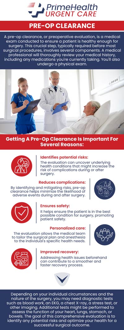 Dr. Espinal, MD, offers thorough pre-op clearance physicals at PrimeHealth Urgent Care to ensure patients are medically prepared for surgery. With careful evaluations and a personalized approach, our team helps minimize surgical risks and supports safe, successful procedures. For more information, contact us or book an appointment online. We have convenient locations to serve you in Parrish FL, Bradenton FL, Sarasota FL, Lehigh Acres FL, Estero FL, Ellenton FL, Port Charlotte FL, and West Bradenton, FL. Dr. Espinal, MD, offers thorough pre-op clearance physicals at PrimeHealth Urgent Care to ensure patients are medically prepared for surgery. With careful evaluations and a personalized approach, our team helps minimize surgical risks and supports safe, successful procedures. For more information, contact us or book an appointment online. We have convenient locations to serve you in Parrish FL, Bradenton FL, Sarasota FL, Lehigh Acres FL, Estero FL, Ellenton FL, Port Charlotte FL, and West Bradenton, FL.