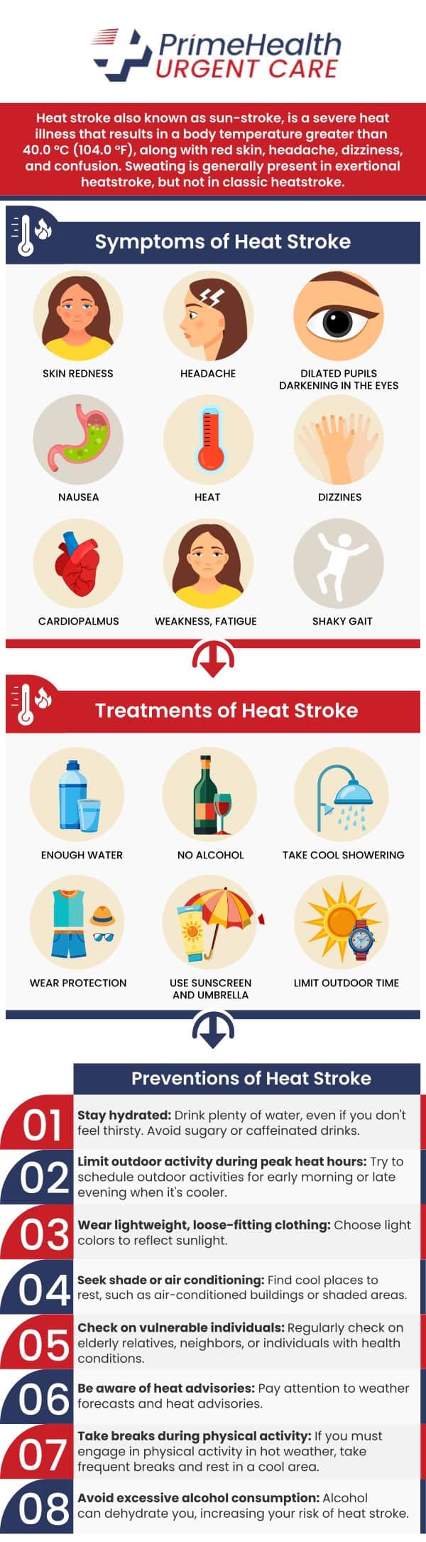 Common questions asked by patients: What are the symptoms of a heat stroke? How to prevent heat stroke? How long does it take to recover from heat stroke? What is the first aid treatment for heat stroke? For more information, please contact us or book an appointment online. Walk-ins are welcome! We have convenient locations to serve patients in Parrish, Bradenton, Sarasota, Lehigh Acres, Estero, West Bradenton, Port Charlotte, and Ellenton FL. Common questions asked by patients: What are the symptoms of a heat stroke? How to prevent heat stroke? How long does it take to recover from heat stroke? What is the first aid treatment for heat stroke? For more information, please contact us or book an appointment online. Walk-ins are welcome! We have convenient locations to serve patients in Parrish, Bradenton, Sarasota, Lehigh Acres, Estero, West Bradenton, Port Charlotte, and Ellenton FL.