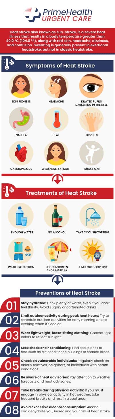 Common questions asked by patients: What are the symptoms of a heat stroke? How to prevent heat stroke? How long does it take to recover from heat stroke? What is the first aid treatment for heat stroke? For more information, please contact us or book an appointment online. Walk-ins are welcome! We have convenient locations to serve patients in Parrish, Bradenton, Sarasota, Lehigh Acres, Estero, West Bradenton, Port Charlotte, and Ellenton FL. Common questions asked by patients: What are the symptoms of a heat stroke? How to prevent heat stroke? How long does it take to recover from heat stroke? What is the first aid treatment for heat stroke? For more information, please contact us or book an appointment online. Walk-ins are welcome! We have convenient locations to serve patients in Parrish, Bradenton, Sarasota, Lehigh Acres, Estero, West Bradenton, Port Charlotte, and Ellenton FL.